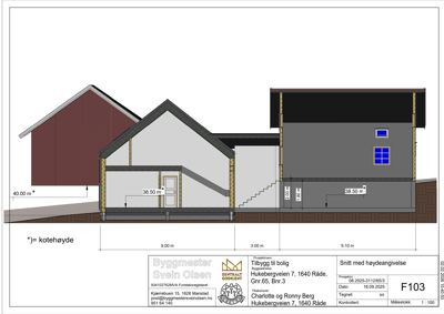 Snittegning (F103) som viser tverrsnittet av en bygning med høydeangivelse (kotehøyder) og romfordeling.