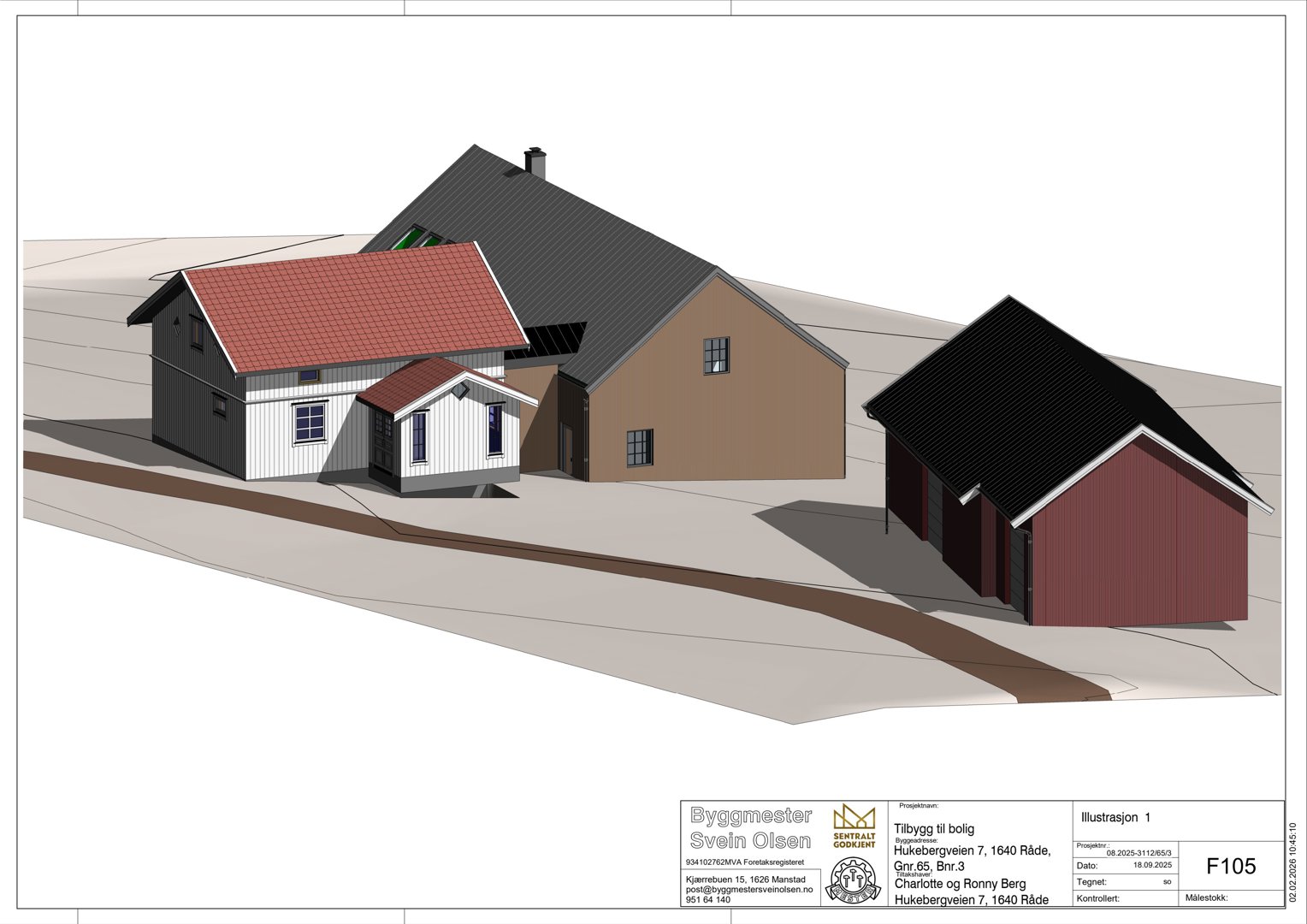 3D-visualisering (rendering) av en bygning med flere tilbygg, sett fra et vinklet perspektiv.