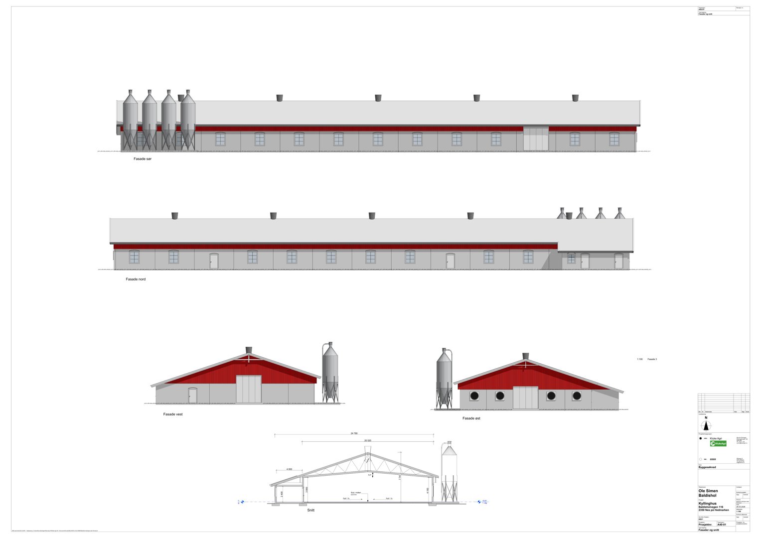 Fasadetegning som viser bygningens utseende fra fire ulike vinkler (vest, øst, sør, nord) samt et snitt som illustrerer takkonstruksjonen.