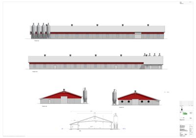 Fasadetegning som viser bygningens utseende fra fire ulike vinkler (vest, øst, sør, nord) samt et snitt som illustrerer takkonstruksjonen.