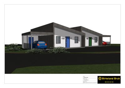 3D-visualisering av en planlagt bygning (garasje/oppussingshus) med bil og omgivelser.