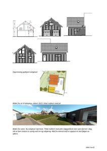 Fotografier av en bygning og en vei med tilhørende tekstbeskrivelser om tiltak og avkjørsel.