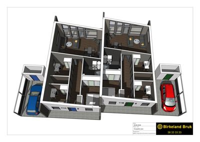 3D-visualisering (perspektivtegning) av etasjeplan med innredning og bilplasser.