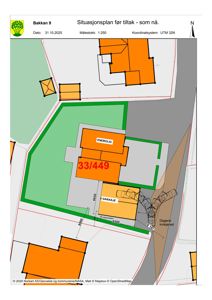 Situasjonsplan for tomta Bakkan 9 som viser eksisterende bygninger (enebolig, garasje), arealer og dagens innkjørsel.