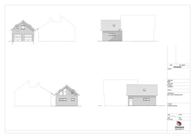 Fasadetegning som viser bygningens utseende fra fire ulike vinkler (for, bak, venstre og høyre side).