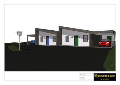 3D-visualisering (rendering) av en fasade med to enheter (11A og 11B), bilplasser og en gate.