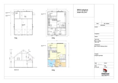 En tegning som viser etasjeplaner (1. etasje og 2. etasje) samt et snitt (Snitt A-A) for en BRA-leilighet på 49,3 m².