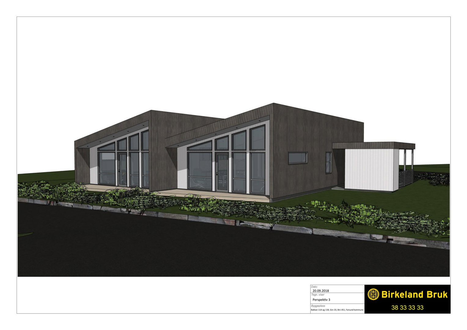 3D-visualisering (rendering) av en bygning sett fra en vinkel (perspektiv).