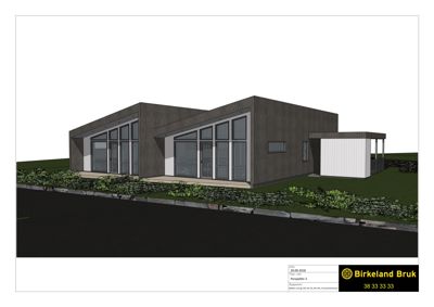 3D-visualisering (rendering) av en bygning sett fra en vinkel (perspektiv).