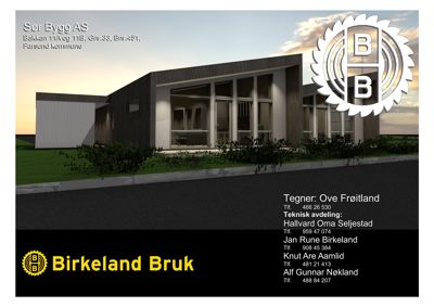 Fotografi av en eksisterende bygning med tekstinformasjon om arkitektkontor og tegner.