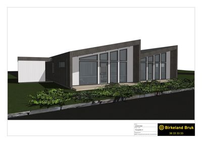 3D-visualisering (rendering) av en planlagt bygning sett fra en vinkel som viser fasade og omgivelser.