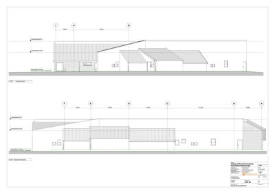 Fasadetegning som viser bygningens utseende fra nord og nordvest, inkludert mål og høyder.