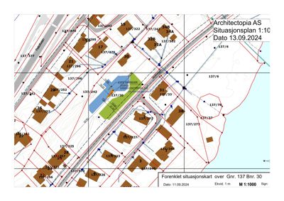 Situasjonsplan (forenklet situasjonskart) som viser tomtens plassering i forhold til nabolag, vei og grunneiergrenser.