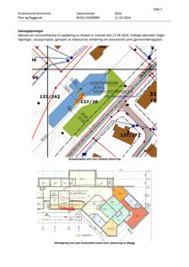 Bildet viser en situasjonsplan som illustrerer plasseringen av et nytt tiltak (tilbygg) i forhold til eksisterende tomter og veier.