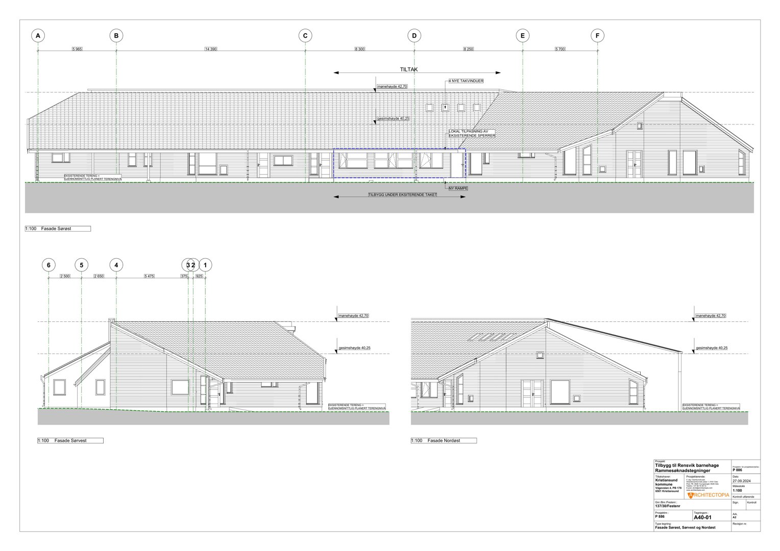 Fasadetegning som viser bygningens utseende fra front og side, inkludert vinduer, dører, takform og mål.