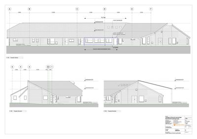 Fasadetegning som viser bygningens utseende fra front og side, inkludert vinduer, dører, takform og mål.