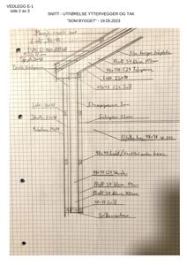 Snittegning som viser utførelse av yttervegger og tak med detaljerte konstruksjonsbeskrivelser.