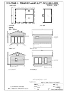 Bildet viser en tegning med etasjeplan (plantegning) og fasadetegninger for en bygning.