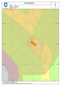Kommuneplankart som viser eiendomsgranser, bygningsspor og arealbruk.