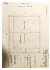 Fundamentplan med detaljerte konstruksjonsnotater, dimensjoner og materialangivelser for en bygning.
