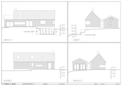 Bildet viser fire fasadetegninger av en bygning sett fra fire ulike retninger (Sørvest, Sørøst, Nordøst, Nordvest).