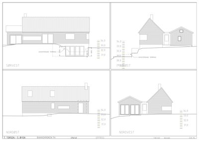 Bildet viser fire oppriss (fasetegninger) av en bygning sett fra ulike sider (Sørvest, Nordøst, Nordvest, og en fjerde vinkel).
