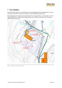 Situasjonsplan som viser eiendommen, eksisterende og nytt tilbygg, samt topografi og arealbruk.