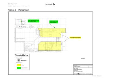Etasjeplan (plantegning) som viser romfordeling, gulvbelag (fliser, vinylplank) og plassering av tekniske utstyr (varmepumpe, kjølemaskin).