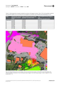 Et kart som viser et område med overlagte fargekoder for vannstand (f.eks. oversvømmelsesområder) og bygninger.