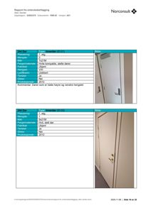 Fotografier av to ulike dører (ID 01 og ID 03) med tilhørende tekniske spesifikasjoner i en rapport.