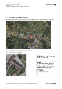 Bildet viser en rapport med to innleverte fotografier av et bygg (Alen Senter). Det øverste er en satellittbilde/situasjonsfoto, og det nedre er et luftfoto fra over. Begge bildene illustrerer byggets plassering og utseende.