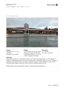 Fotografi av en eksisterende bygning (Ålen sentrum) med tilhørende tekstbeskrivelse og bygningsinformasjon.