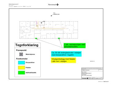 Etasjeplan (plan) som viser romfordeling og plassering av prøvepunkter for miljøkartlegging.