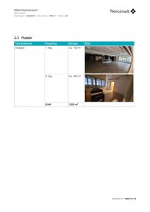 Et tabellutsnitt fra en miljøkartleggingsrapport som viser to fotografier av gulvflater (vinylgulv) på 1. og 2. etasje.