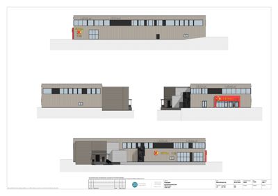 Fasadetegning som viser bygningens utsyn fra flere vinkler (front, side og perspektiv).