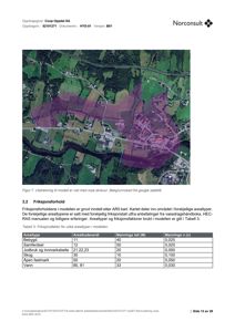 Satellittbilde (kart) over et område med overlagte arealtyper og en rosa skravert utstrekning, som er brukt i en hydrologisk modell.