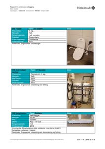 Et dokument som viser en rapport fra ombrukartlegging. Dokumentet inneholder tabeller med informasjon om utstyr (toalett, varmeanlegg, radiatorer) og ved siden av hver tabell er det et fotografi av det aktuelle utstyret.