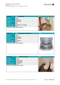 Et dokument fra Norconsult som viser bilder av vasker og toalett i en bygning, sammen med tekniske spesifikasjoner.
