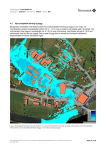Kart som viser beregnet flomdybde (blått) og bygninger (oransje) i et tiltaksområde.