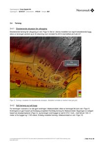 Et digitalt terrengmodell (DGM) som viser høydeforskjeller i et område, med overlagte bygninger og en markert tiltaksområde.