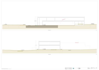 Snittegning som viser bygningens tverrsnitt, grunnplan, fundament og nivåer.