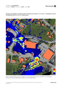 Fotografi av et område med overlagte data som viser beregnet vannhastighet (fargekoding) og flomsoner.
