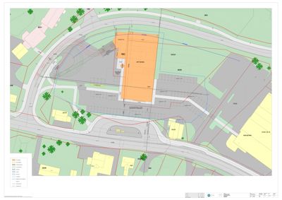 Situasjonsplan som viser bygningens plassering i forhold til tomtegrenser, veier og nabolag.