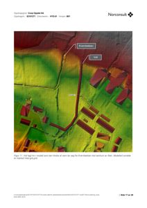 Fotografi av et terrengmodell (DGM) som viser høydeforskjeller, en bekke og bygninger i et område.