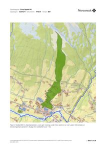 Et kart som viser et nedbørfelt (grønt område) i en geografisk kontekst med topografi og infrastruktur.