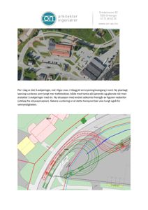 Bildet viser en situasjonsplan eller et kart over en tomt med eksisterende og planlagt infrastruktur, inkludert veier, parkeringsplasser og bygninger.