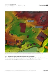 Et 3D-modellert terrengutsnitt (DGM) som viser høydemodellering, eksisterende bygninger og planlagte endringer i terrenget.