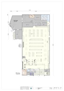 Etasjeplan (1.etg) som viser romfordeling, møblering og dimensjoner for et kontor- eller lagerbygg.