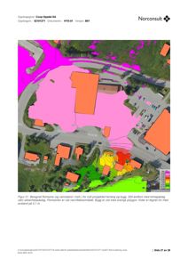 Kart med overlagte fargekart som viser beregnet flomsone (magenta), bygninger (oransje) og terrengkoter (grønn-gul-rød).