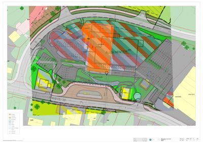 Situasjonsplan som viser tomtens beliggenhet i forhold til omgivelsene, inkludert veier (Riksvei 30), naboeiendommer, og en overlappende planleggingsområde (Aalen Senter) med fargekodet informasjon om arealbruk.